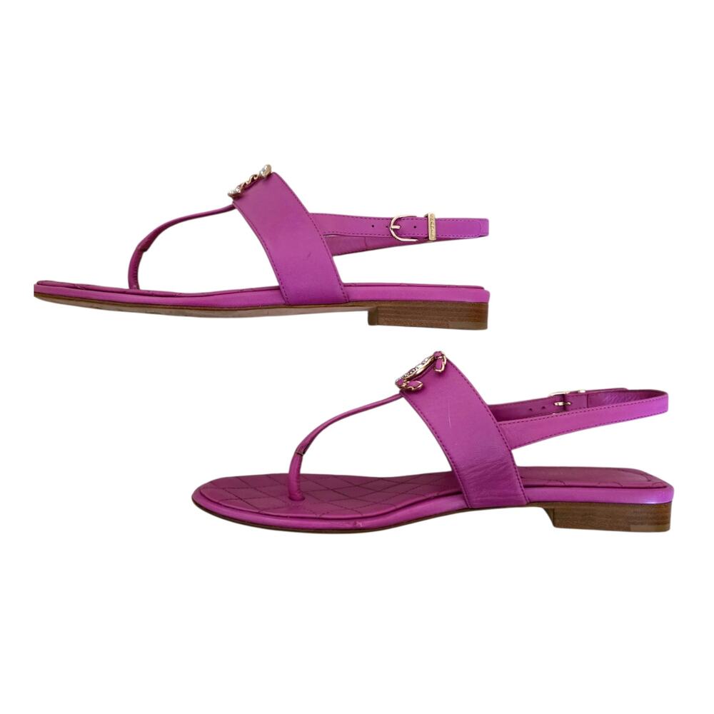 Chanel Thong Pink Quilted Leather CC Logo Sandals Chain Flat Crystal 36 5.5 - Picture 5 of 12
